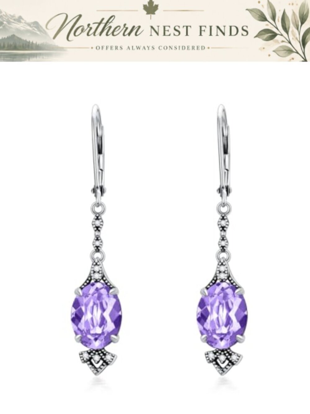 Vintage 925 Sterling Silver Leverback Dangle Drop Earrings with 9mm Oval